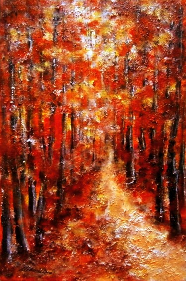 Malerei mit dem Titel "In the red woods 1.." von Milka Urbaníková, Original-Kunstwerk, Acryl