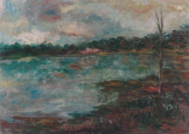 Schilderij getiteld "tramonto sul lago I…" door Milla, Origineel Kunstwerk, Olie
