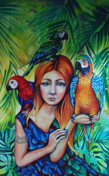 " La robe à fleurs " Peinture intitulée "" La robe à fleurs "" par Millecouleurs, Œuvre d'art originale, Acrylique Monté sur Châssis en bois