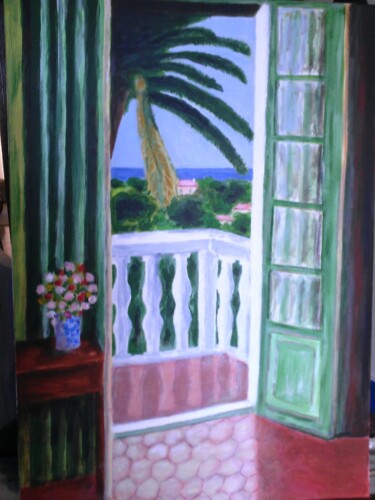 Painting titled "Le balcon" by Pierre Bidaut, Original Artwork, Oil Mounted on Wood Stretcher frame
