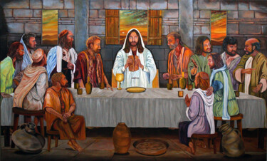 Картина под названием "Bread and Wine" - Milo Abadilla, Подлинное произведение искусства, Масло Установлен на Деревянная рам…