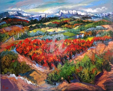 Картина под названием "Vignes rouges" - Milorv, Подлинное произведение искусства, Масло Установлен на Деревянная рама для но…