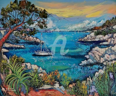 Painting titled "La crique Port Pin" by Milorv, Original Artwork, Oil