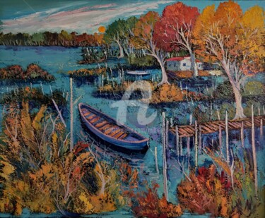 Peinture intitulée "La barque violette" par Milorv, Œuvre d'art originale, Huile