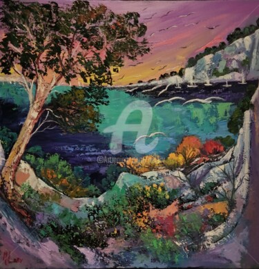 Painting titled "La baie violette" by Milorv, Original Artwork, Oil