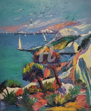 Malerei mit dem Titel "Calanque aux mouett…" von Milorv, Original-Kunstwerk, Öl