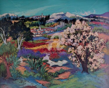 Peinture intitulée "L amandier rose" par Milorv, Œuvre d'art originale, Huile Monté sur Châssis en bois