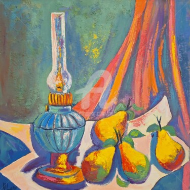 Schilderij getiteld "Lampe à petrole ble…" door Milorv, Origineel Kunstwerk, Olie