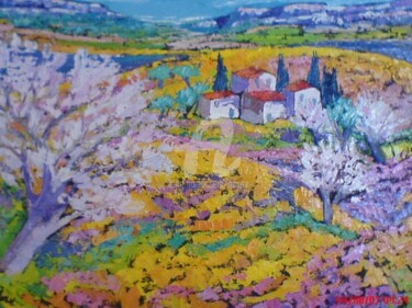 Pintura intitulada "Cerisiers en fleurs" por Milorv, Obras de arte originais, Óleo