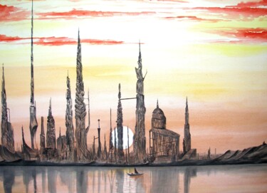 Pintura intitulada "Looking for a port" por Milto Sideris, Obras de arte originais, Aquarela