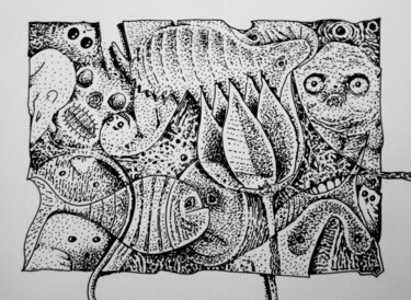 Disegno intitolato "Infinity zoo - Fibe…" da Milto Sideris, Opera d'arte originale, Pennarello