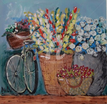 Painting titled "bike an dflowers" by Milu Petersen, Original Artwork