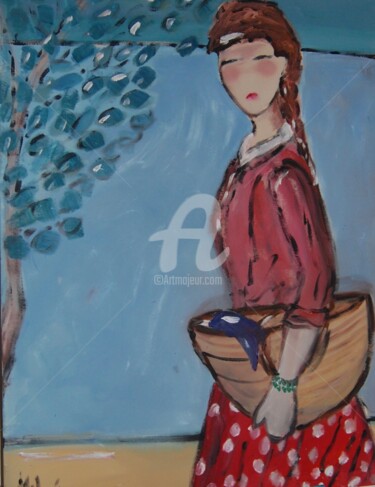 Pintura intitulada "menina com cesto de…" por Milu Petersen, Obras de arte originais