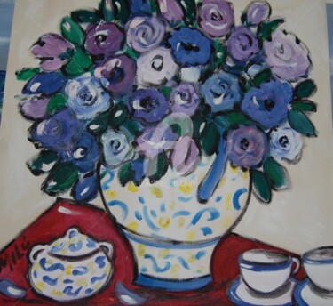 Painting titled "Vaso e lilases" by Milu Petersen, Original Artwork, Acrylic