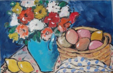 Pintura intitulada "Vaso azul turqueza" por Milu Petersen, Obras de arte originais