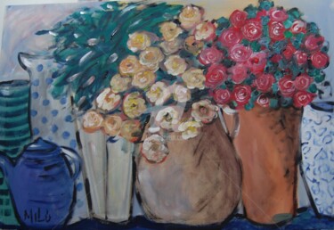 Pintura intitulada "flores e vasos" por Milu Petersen, Obras de arte originais