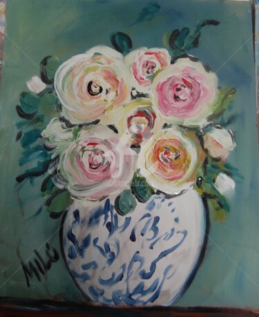 Schilderij getiteld "rosas brancas" door Milu Petersen, Origineel Kunstwerk