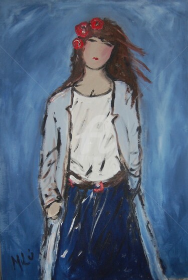 Peinture intitulée "menina com flores n…" par Milu Petersen, Œuvre d'art originale