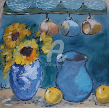 Картина под названием "vasos azuis e giras…" - Milu Petersen, Подлинное произведение искусства
