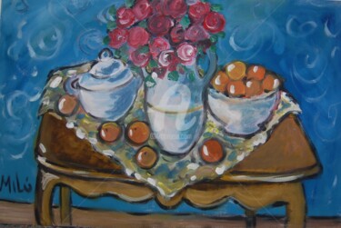 Pintura intitulada "mesa com flores e f…" por Milu Petersen, Obras de arte originais