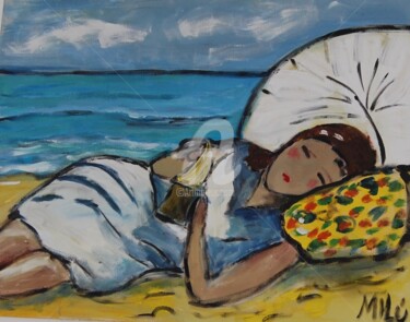 Painting titled "na praia lendo" by Milu Petersen, Original Artwork