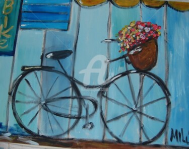 Pintura intitulada "bicicleta com flore…" por Milu Petersen, Obras de arte originais