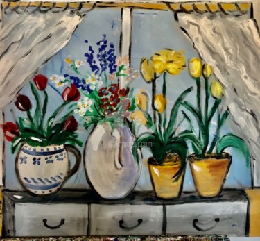 Painting titled "window with flowers" by Milu Petersen, Original Artwork, Acrylic