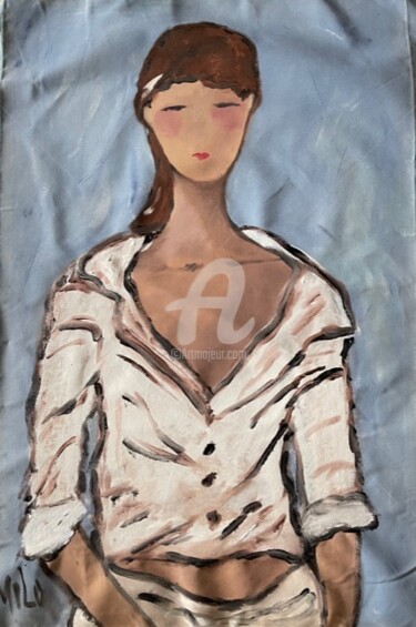 Painting titled "woman in white blou…" by Milu Petersen, Original Artwork, Acrylic