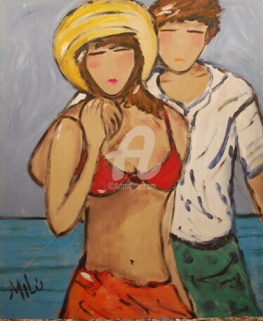 Painting titled "couple  at the beach" by Milu Petersen, Original Artwork, Acrylic