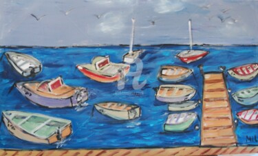 Pintura intitulada "boats in blue sea" por Milu Petersen, Obras de arte originais, Acrílico