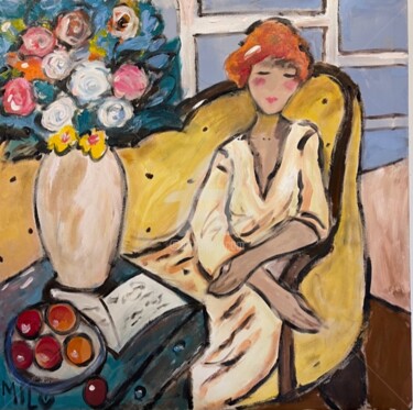 Painting titled "woman in yellow sofa" by Milu Petersen, Original Artwork, Acrylic