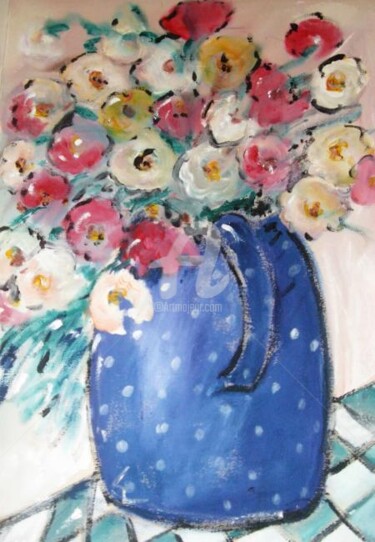 Pintura titulada "flores vaso azul" por Milu Petersen, Obra de arte original