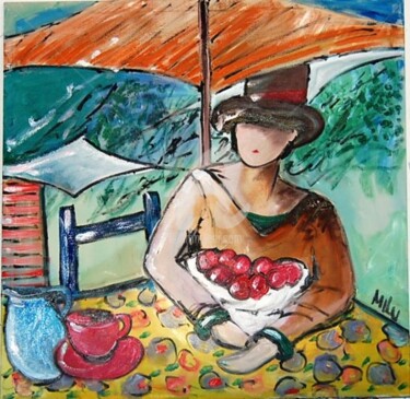 Painting titled "mulher na mesa" by Milu Petersen, Original Artwork