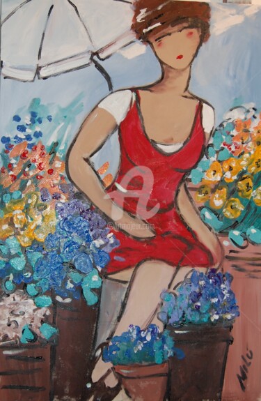 Pintura intitulada "vendedora de flores" por Milu Petersen, Obras de arte originais