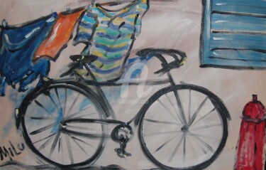 Pintura intitulada "bicicleta e estenda…" por Milu Petersen, Obras de arte originais