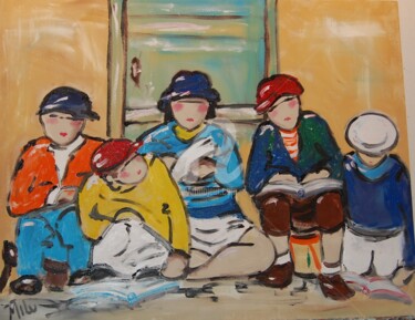 Peinture intitulée "meninos lendo" par Milu Petersen, Œuvre d'art originale