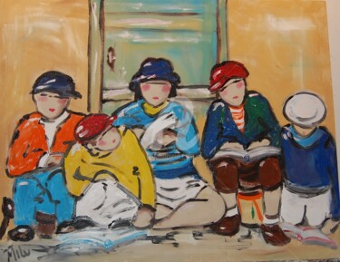 Painting titled "meninos lendo" by Milu Petersen, Original Artwork