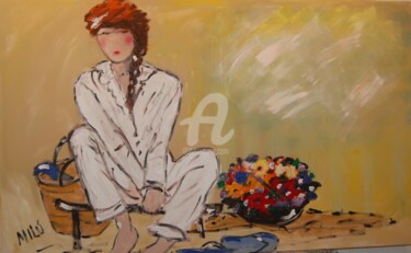 Pintura intitulada "mulher sentada com…" por Milu Petersen, Obras de arte originais