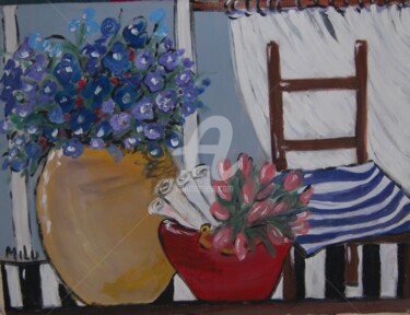 Pintura intitulada "flores e cadeira" por Milu Petersen, Obras de arte originais
