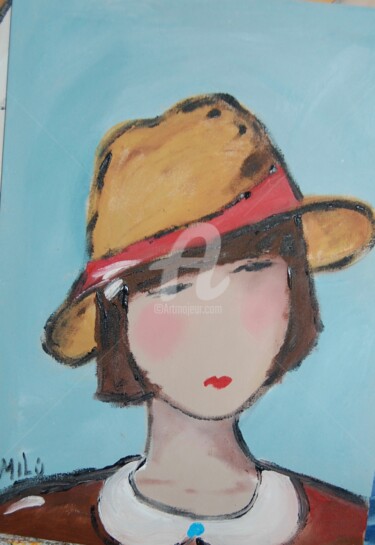Peinture intitulée "menina de chapeu" par Milu Petersen, Œuvre d'art originale