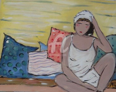 Pintura titulada "menina e almofadas" por Milu Petersen, Obra de arte original