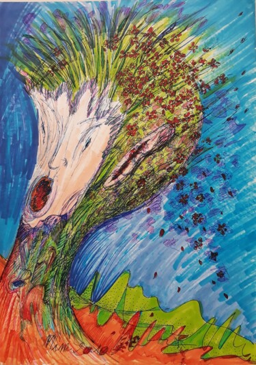 Drawing titled "Tête d'arbre fleurie" by Mimi Bressot, Original Artwork, Ballpoint pen