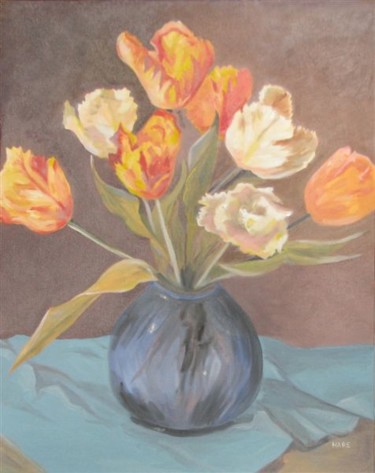 Painting titled "Tulips in Blue Vase" by Carol Hare, Original Artwork