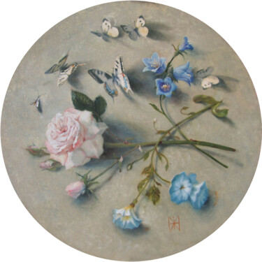 「Butterflies and rose」というタイトルの絵画 Mimi Hiによって, オリジナルのアートワーク, オイル ウッドストレッチャーフレームにマウント