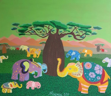 Peinture intitulée "Elephant Festival #…" par Mimi Revencu, Œuvre d'art originale, Acrylique