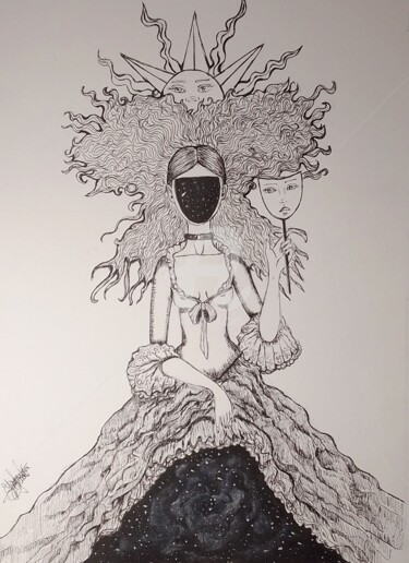 Desenho intitulada "Sous ta peau l'univ…" por Mina B, Obras de arte originais, Caneta de gel