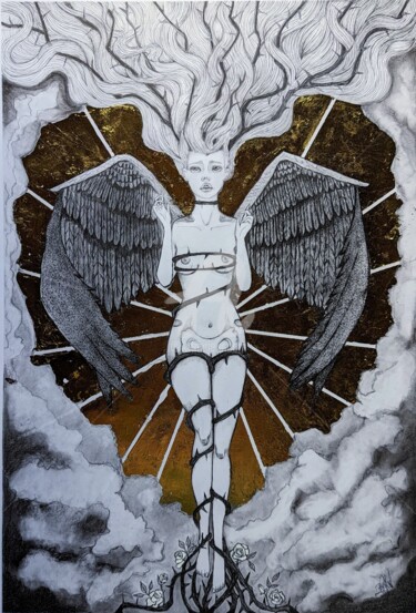 Drawing titled "L'envol de l'ange." by Mina B, Original Artwork, Graphite