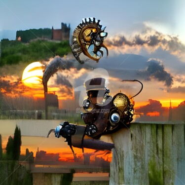 Digital Arts titled "Steampunk in evenin…" by Mina Nakamura, Original Artwork, Digital Painting
