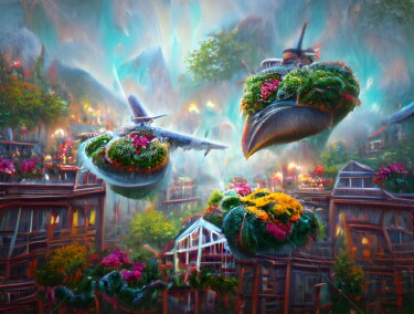 Digital Arts titled "Flying gardens" by Mina Nakamura, Original Artwork, Digital Painting