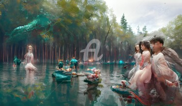 Digitale Kunst getiteld "Dreamy lake in the…" door Mina Nakamura, Origineel Kunstwerk, Digitaal Schilderwerk